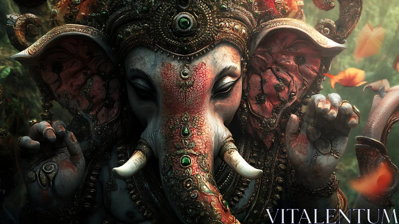 Ornate elephant deity statue glows amid drifting petals