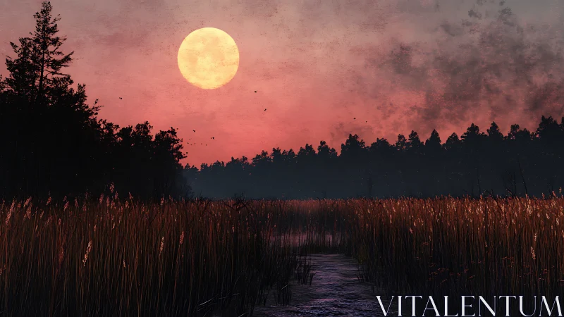 Blood-moon dusk glows over a quiet marshland path.