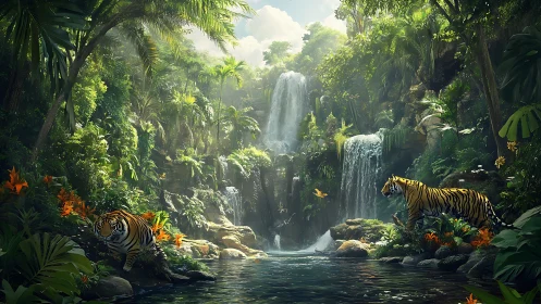 Tigers at Paradise Waterfall - Digital Fantasy Scene.