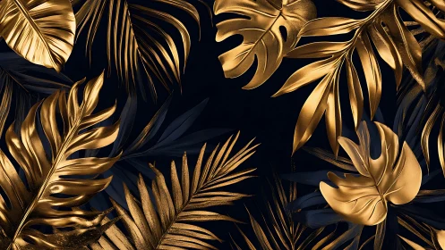 Gilded jungle leaves drifting across midnight velvet skies.