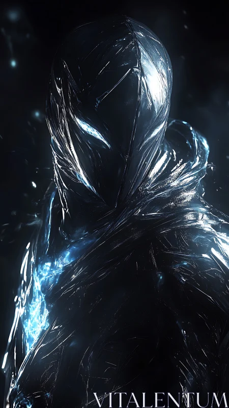 Hooded metallic humanoid figure with blue luminous accents.