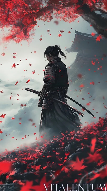 Solitary samurai pauses beneath crimson autumn leaves