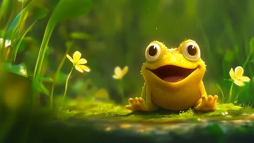Bright-eyed yellow frog enjoys a sunlit forest clearing