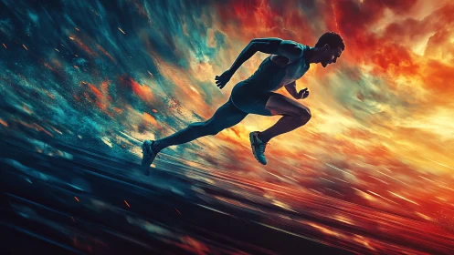 Sprinter accelerates through blazing abstract horizon