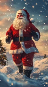 Santa Claus figure walking in snowy outdoor landscape at dusk.