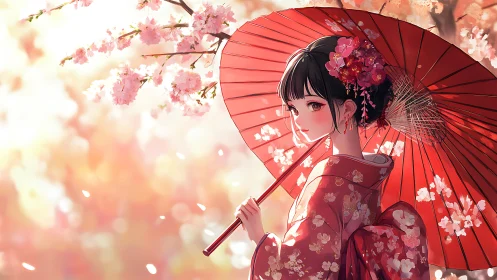 Anime girl in red kimono with parasol under cherry blossoms.