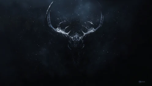 Fragmented horned skull emerges from abyssal digital void