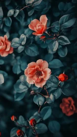 Coral Roses Dancing Among Moody Teal Foliage.