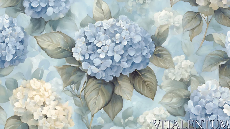 Soft Blue Hydrangea Blossoms in Layered Botanical Composition.