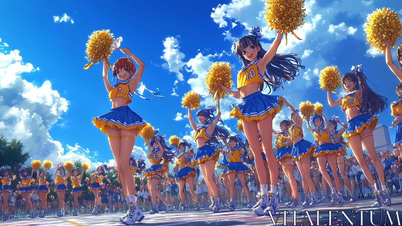 Energetic anime cheerleading squad celebrates under bright skies.