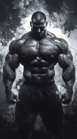 Shadow-forged titan stands in explosive monochrome power.