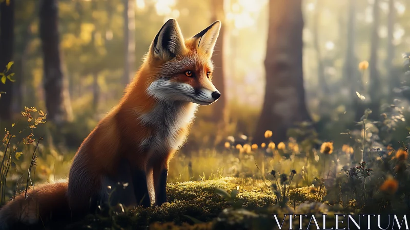 Sunlit red fox resting in a glowing, tranquil forest clearing.