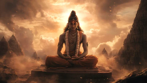 Radiant meditating figure rests calmly in glowing mountain sky