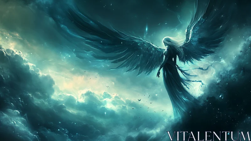 Winged female figure hovers in glowing teal storm clouds