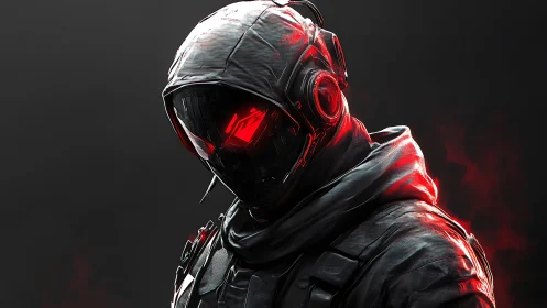 Hooded cybernetic soldier with red visor stands in smoke