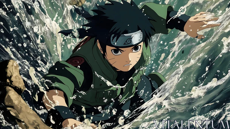 Dynamic anime warrior surging through stylized crashing waves.