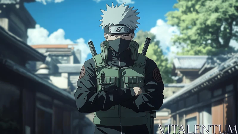 Masked silver-haired ninja stands guard in quiet village street.