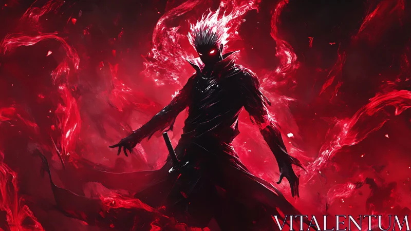 Crimson inferno swordsman rising from swirling shadow fire.