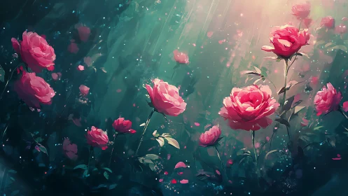 Atmospheric botanical digital render: vibrant fuchsia roses in gradient green-teal luminous field.