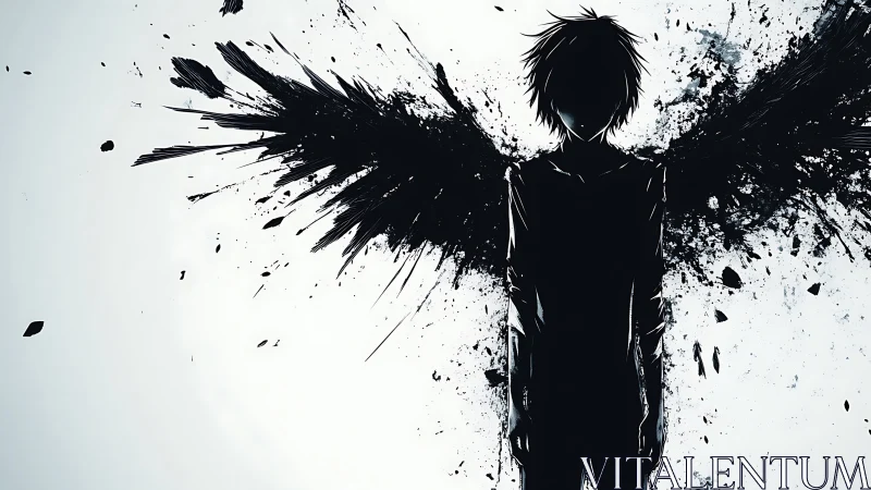 Silhouetted winged figure with black splatter on white field.