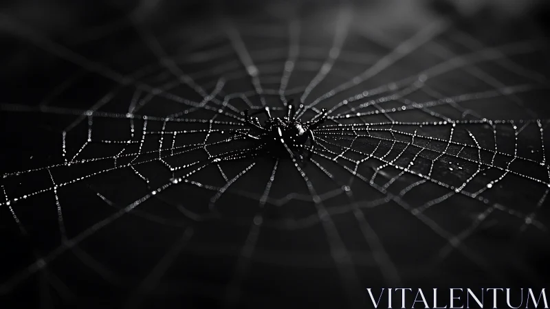 Glistening spiderweb in dramatic monochrome macro focus.