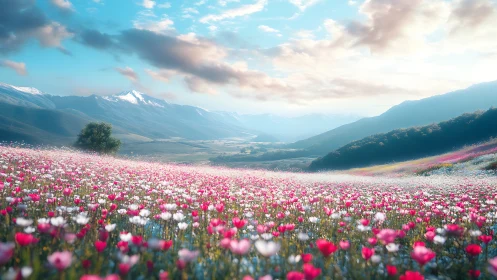 Mountain valley wildflower meadow under soft sunrise light.