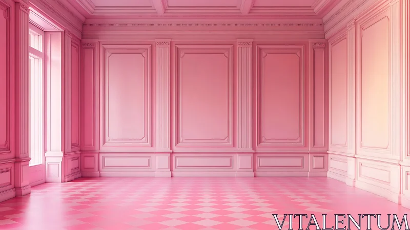 Monochromatic pink neoclassical interior with panelled walls