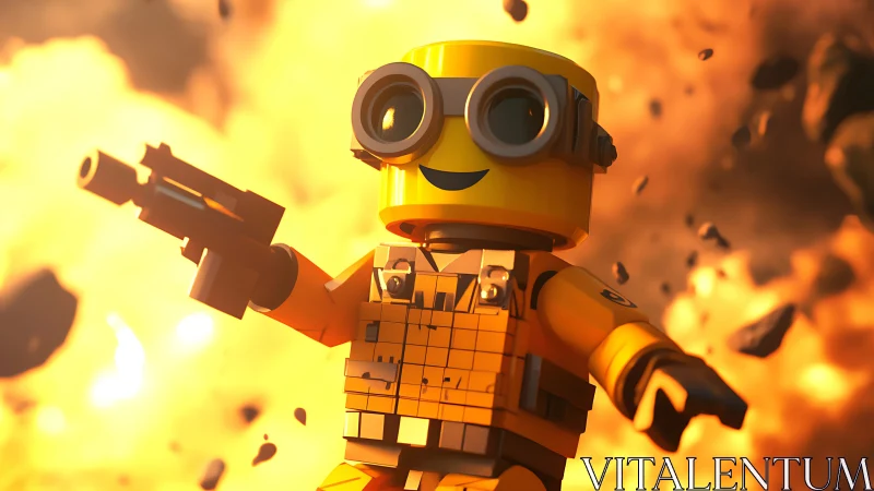 Lego-style yellow figure advances with weapon amid explosion