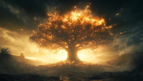 Ancient blazing tree ignites a stormy twilight wasteland