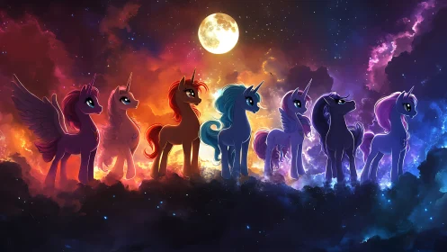 Colorful unicorn ponies stand under glowing full moon.