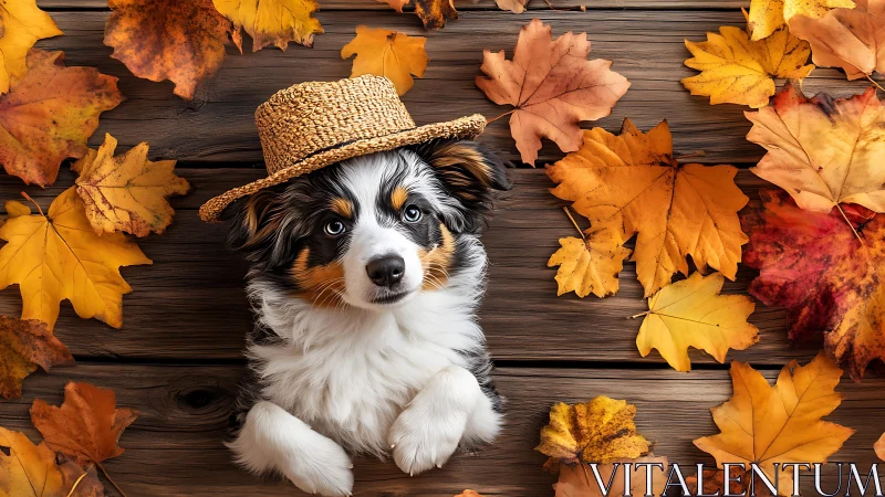 Tri-color puppy with straw hat on rustic wood and fall maple