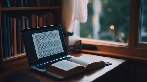 Laptop and open book glow in warm evening study window
