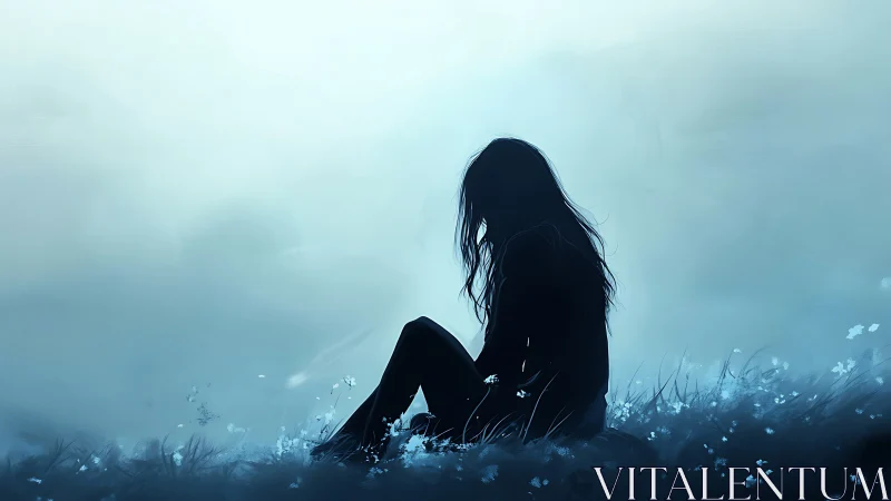 Silhouetted girl sits alone in misty blue meadow at dusk
