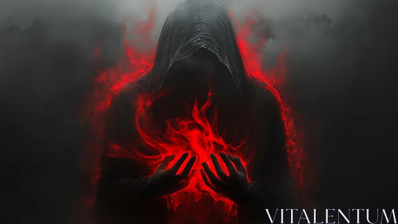 Hooded sorcerer conjures red infernal flames in shadowed void.