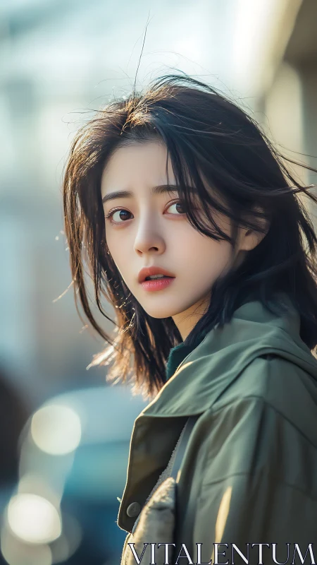 Young woman in soft bokeh streetlight portrait, wistful gaze.