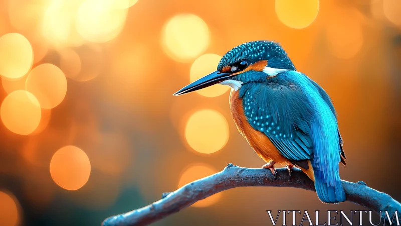 Vibrant Kingfisher on Branch with Warm Bokeh Background.