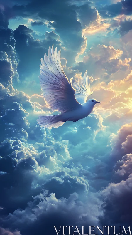 Graceful white dove glides peacefully through glowing clouds