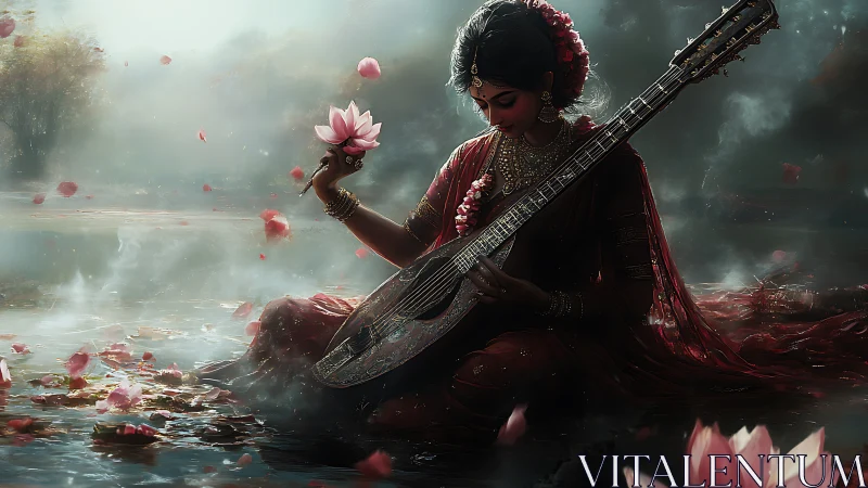 Lotus-laden veena virtuoso in misted riparian ambience.