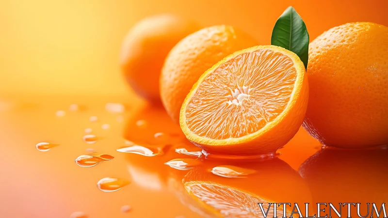 Juicy orange halves on glossy citrus surface in studio light.