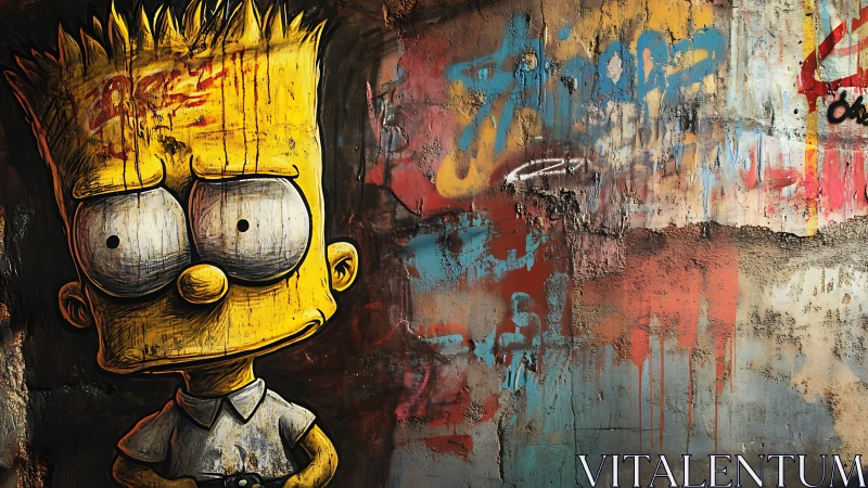 Grungy cartoon boy mural against distressed graffiti wall.