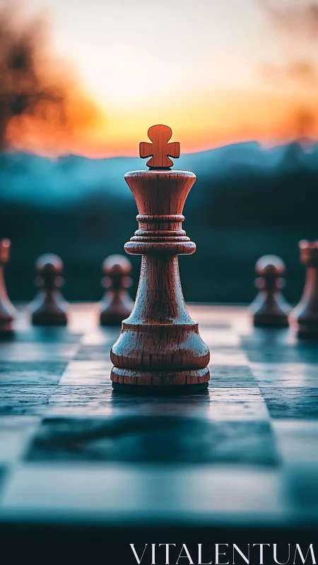 Sunset-lit chess king stands ready for thoughtful strategy