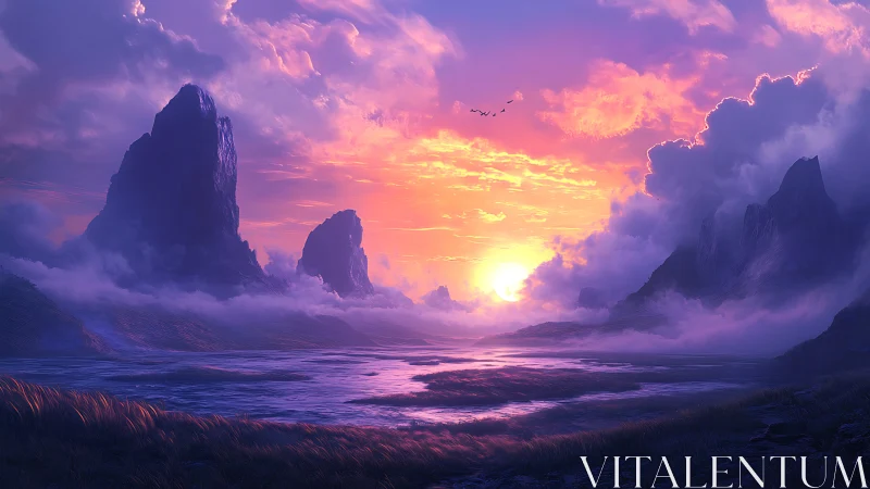 Sunset over misty mountains and reflective tidal flats.