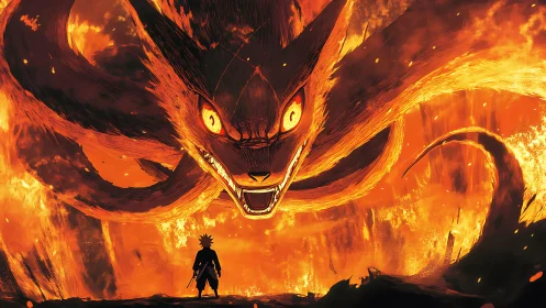 Silhouetted figure facing multi-tailed fiery fox entity.