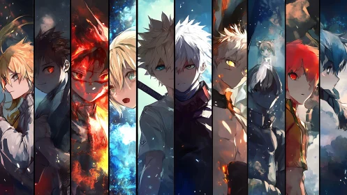 Elemental anime avatars in segmented panoramic composition.
