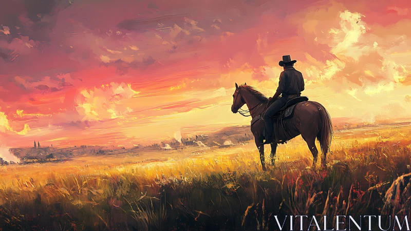 Lone rider observes sunset plain in high-saturation brushwork