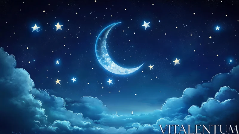 Luminous crescent moon above illuminated stratocumulus cloud deck