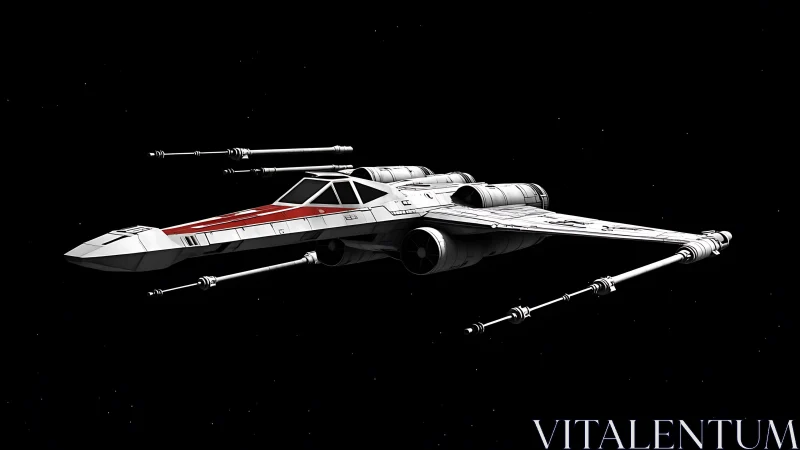 White sci fi starfighter with red accents in deep space.