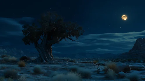 Ancient desert tree stands under a luminous full moonlit sky