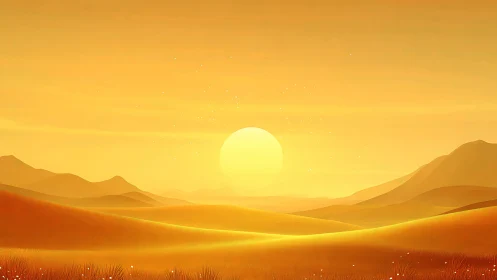 Golden sun over rolling desert dunes at warm sunset.