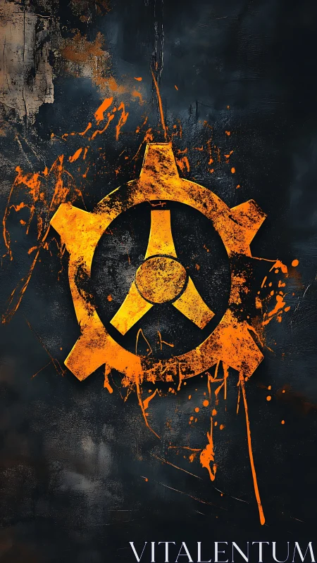 Industrial hazard emblem appears on distressed dark surface